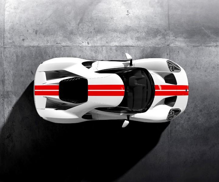 Frozen-White-Ford-GT-Race-Red-Stripe-Overhead