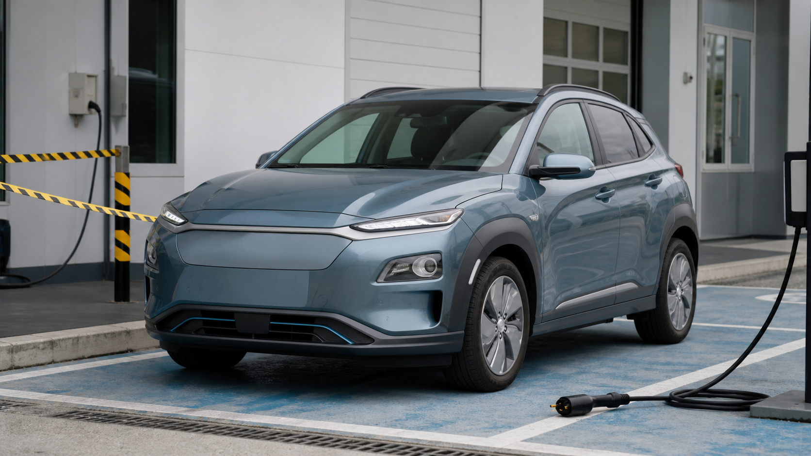 ภาพประกอบ Hyundai Kona Electric หรือ Ioniq Electric style รถ EV compact ในช่องตรวจแบตเตอรี่