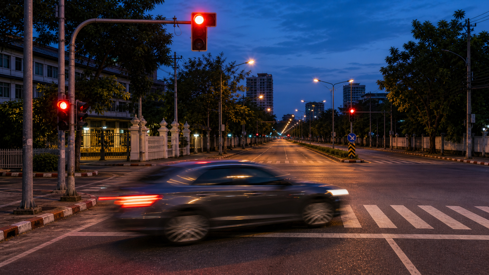 แยกถนนไทยตอนค่ำที่มีไฟแดงและรถจอดรอในบรรยากาศเงียบ
