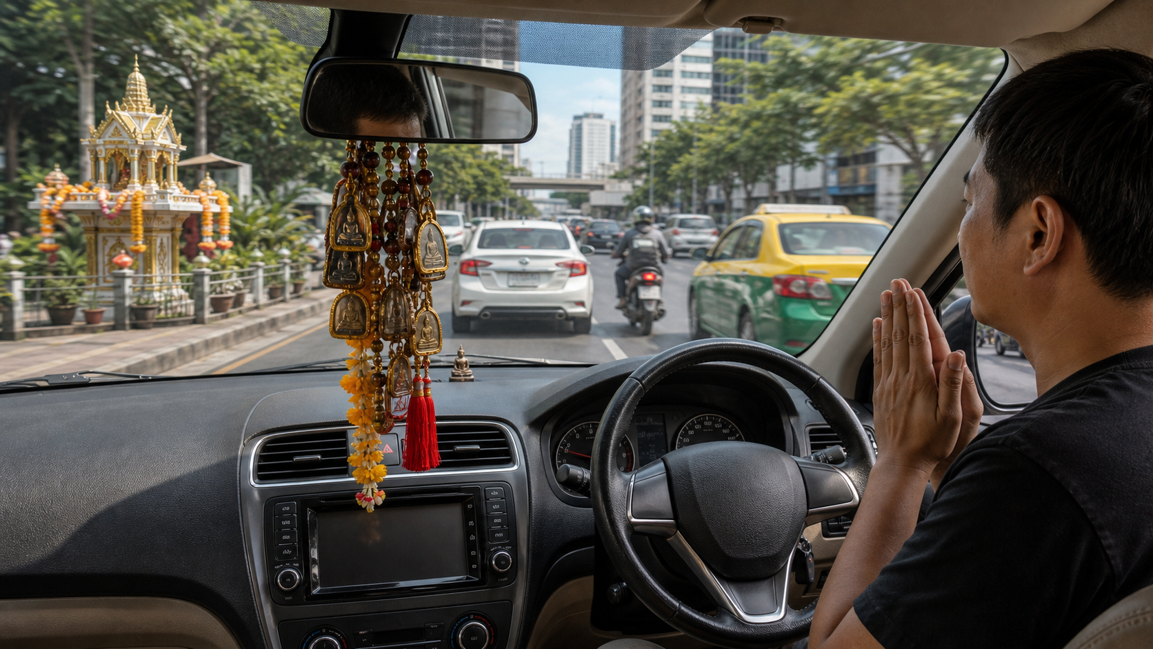 ภายในรถไทยมีพระเครื่องแขวนกระจก คนขับยกมือไหว้ศาลพระภูมิริมถนนขณะรถเคลื่อนช้า